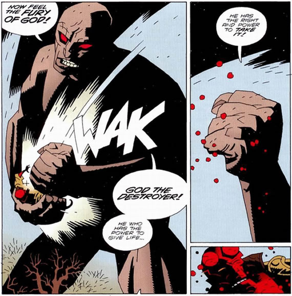 Hellboy getting beaten up by a giant homunculus