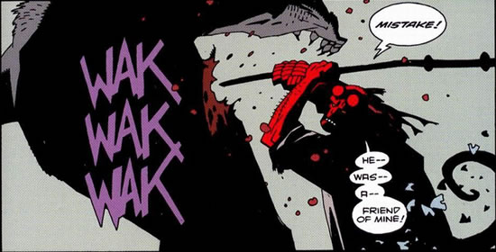Hellboy kills a werewolf and avenges the death of his friend Father Kelly