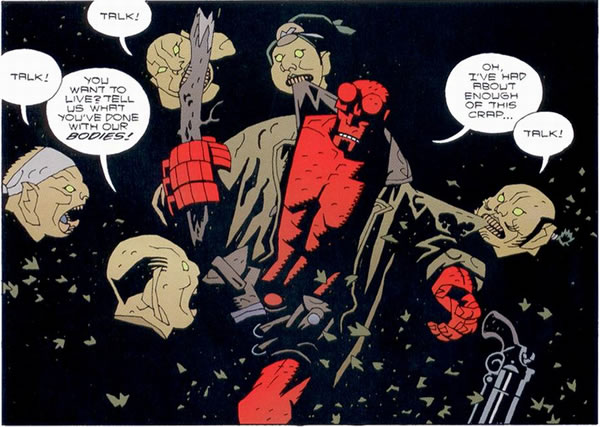 Hellboy being atacked by bodiless Japanese vampires