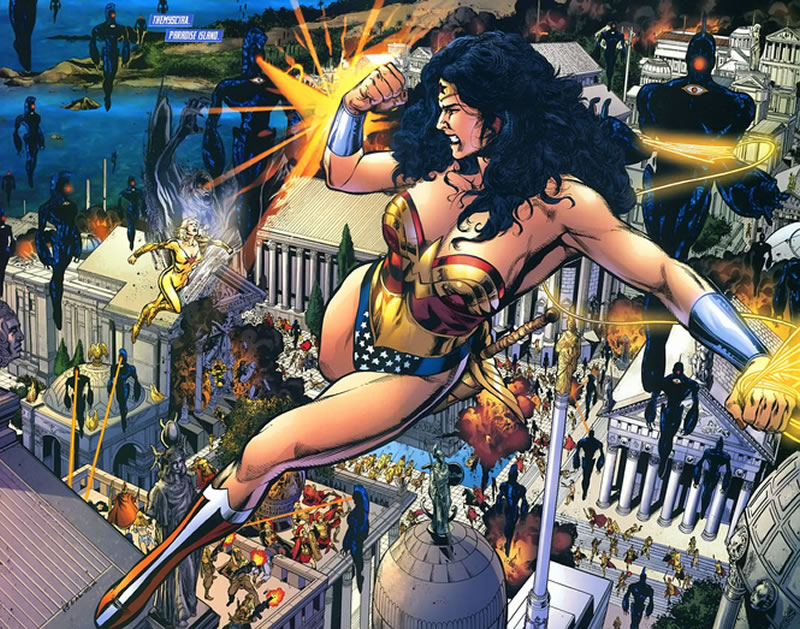 Wonder Woman and the Amazons defend Paradise Island against an O.M.A.C. attack