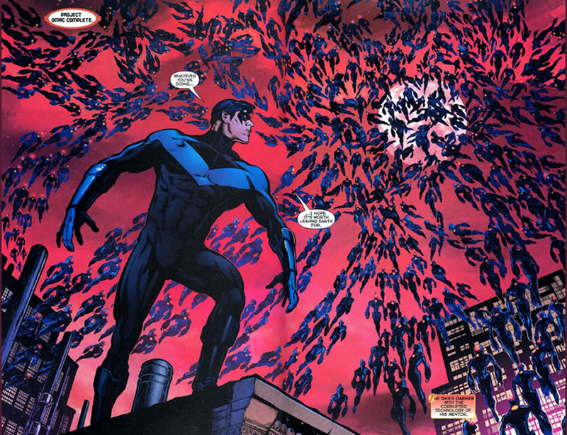 Nightwing looking up at a sky full of O.M.A.C.s