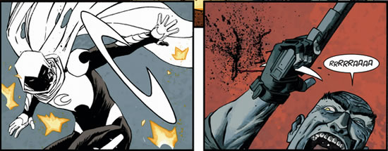 Moon Knight throwing a crescent and disabling
	an attacker