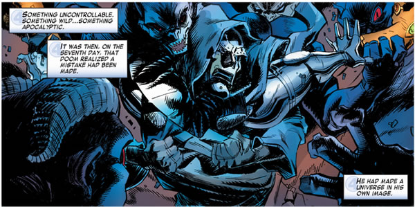 Doctor Doom being attacked by
	his own creations