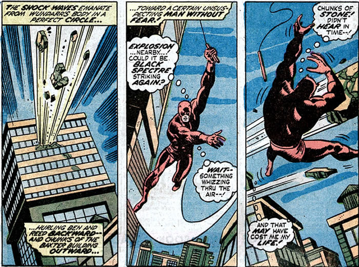 Daredevil dodges some debris from the Baxter Building