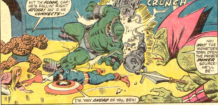 The Monster of Badoon topples on a piece of machinery after being hit by the Thing