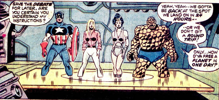 Captain America, Sharon, the Thing and Tarin head on over to the year 3014 via the time machine