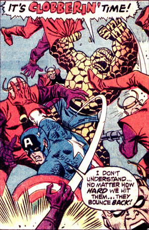 The Thing and Captain America fighting the Zoms