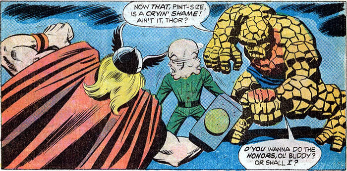 The Thing and Thor surround the Puppet Master