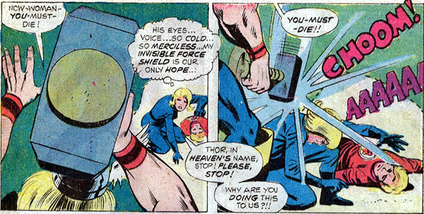 Thor tries to break the Invisible Woman's shield