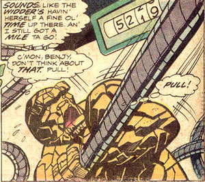 The Thing struggles with pulling miles of cable attached to a bomb