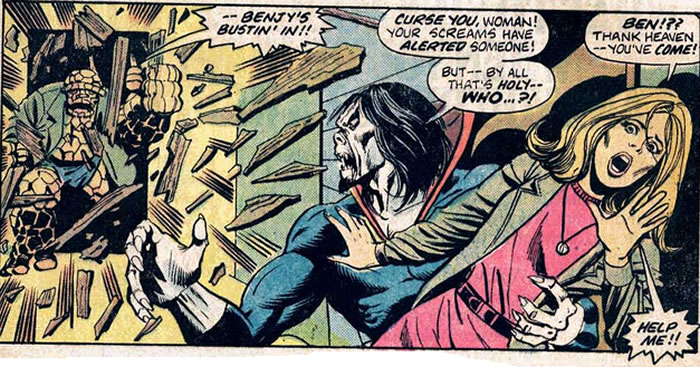 The Thing arrives just in time to prevent Alicia from being bitten by Morbius