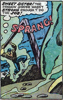 Luke Cage tries to use a steel girder to unbalance Braggadoom