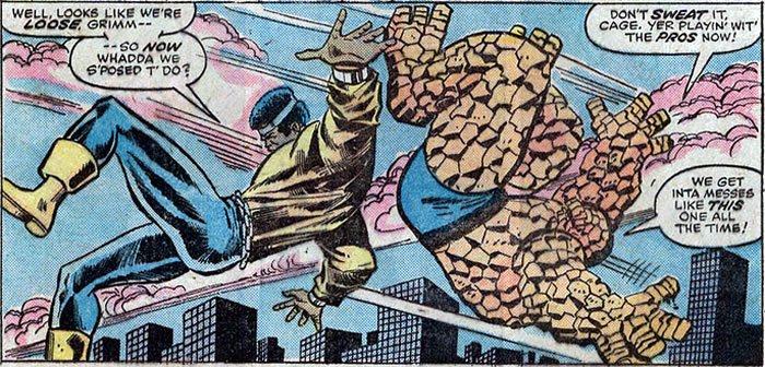 The Thing and Luke Cage flying through the air