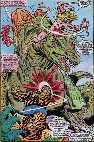 Ka-Zar, Zabu and the Thing taking on an Allosaurus
