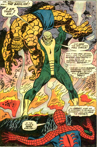 The Basilisk lifts a stunned Ben Grimm as Spider-Man looks on