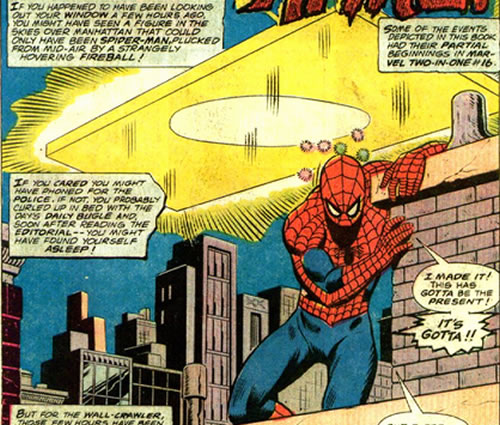 Spider-Man standing below Doctor Doom's Time Machine