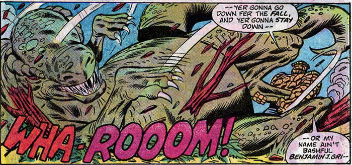 The Thing slams a dinosaur into the ground