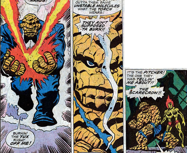 The Thing's tux is destroyed by mystical fire