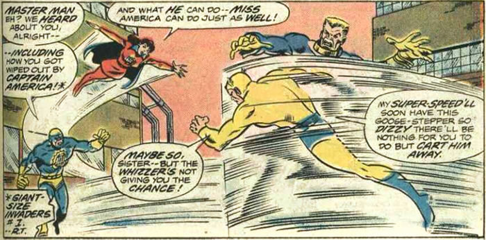 The Whizzer, Miss America,
				and Blue Diamond square off against Master Man