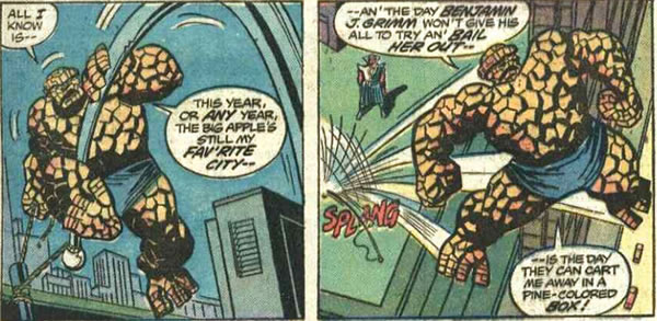 The Thing uses a flagpole]
		to catapult himself
