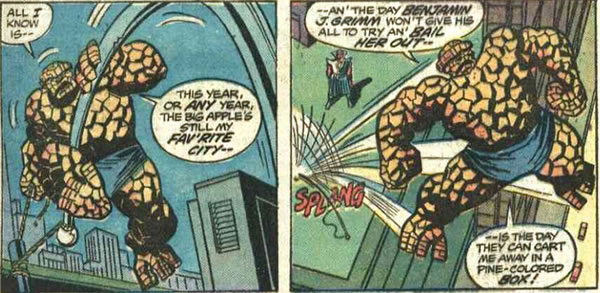 The Thing uses a flagpole]
				to catapult himself