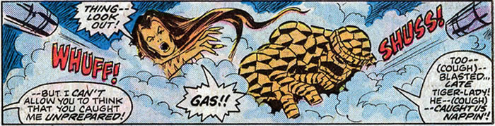 The Thing and Tigra in the midst of knockout gas