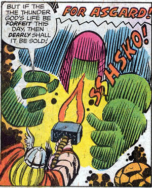 Thor hits the Devourer with a mystic bolt from Mjolnir