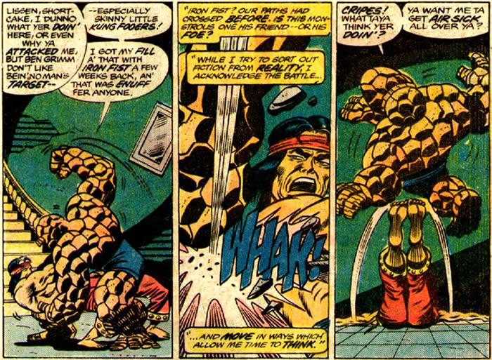 The Thing beats Shang-Chi to the ground and then Shang uses a judo move against Ben.