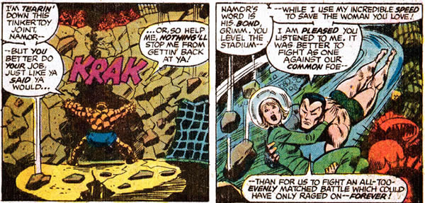 The Thing takes down a wall and the Submariner rescues Alicia