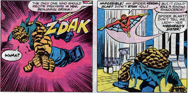 Spider-Woman hits the Thing with a venom blast