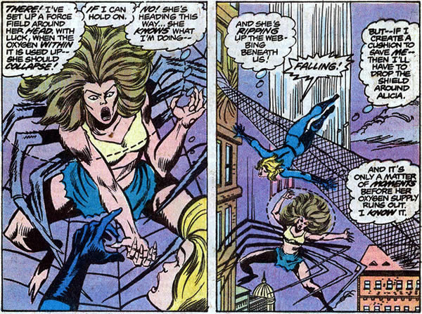 Invisible Woman uses her force field to knock Alicia-Spider unconscious