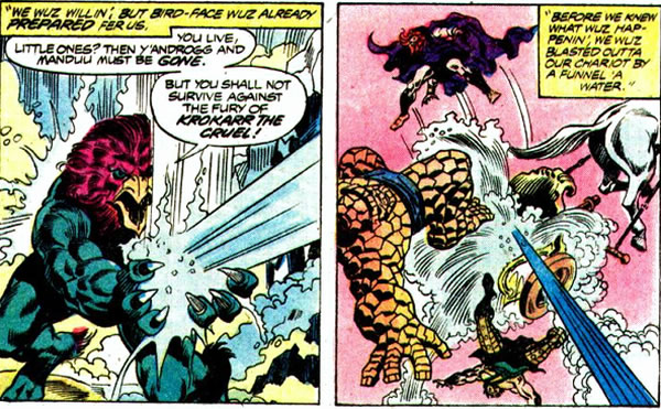 Krokarr the Cruel attacks Zeus, the Thing, and Hercules