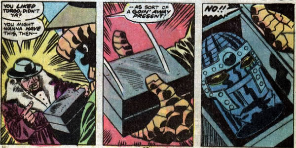 A Skrull presents the Thing with Torgo's decapitated head