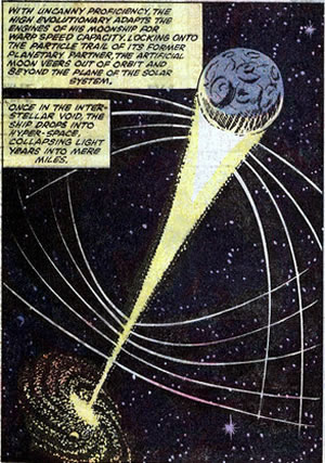 The High Evolutionary's artificial Moon races through the spaceways.