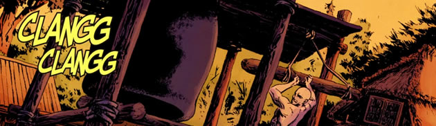 Monk ringing a Japanese temple bell in 5 Ronin