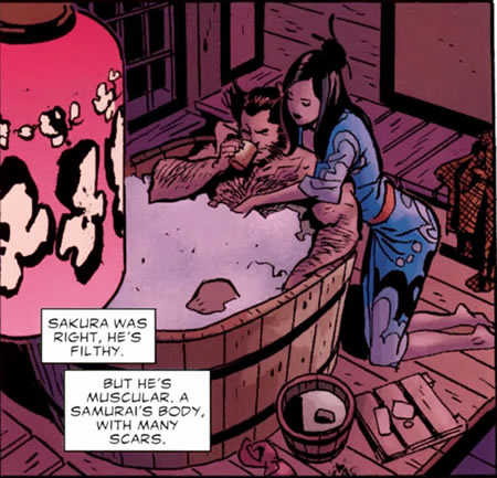 Psylocke giving Wolverine a bath in 5 Ronin