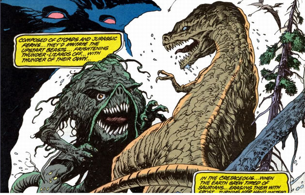 alan moore swamp thing : ancient swamp thing vs. dinosaur