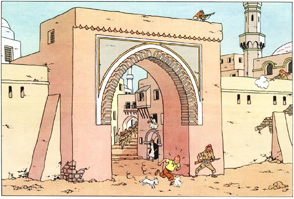 Tintin Cigars of the Pharaoh panel : desert town entrance