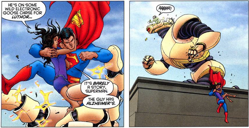 superman saves lois from a giant robot