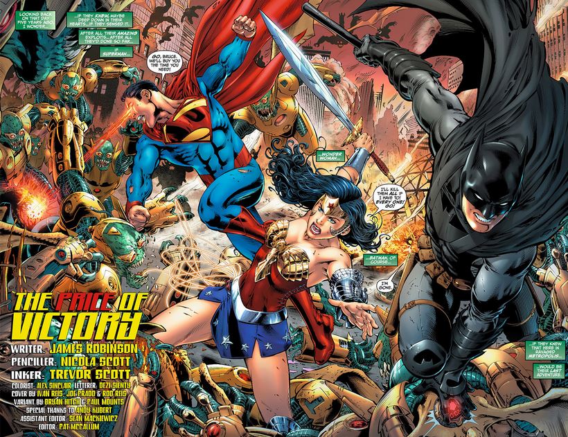 superman, batman, and wonder woman in battle