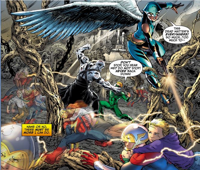 green lantern, flash and hawkgirl fighting grundy