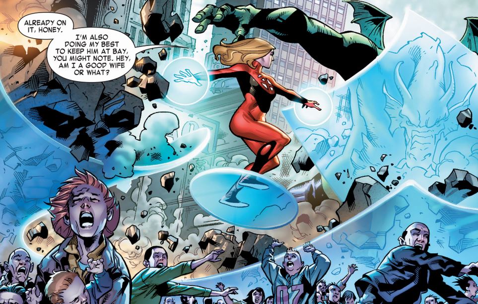 invisible woman shielding civilians from debris