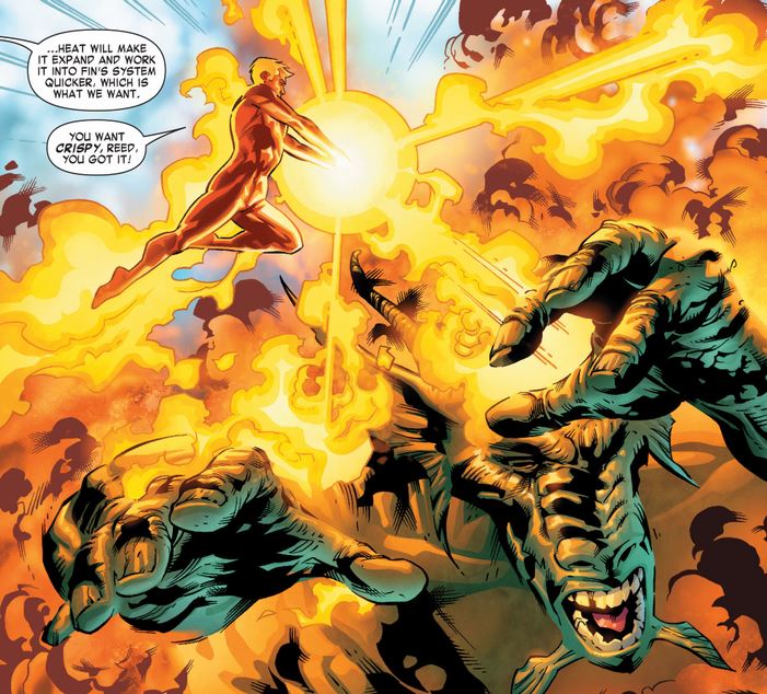 the human torch hiting fin fang foom with a heat blast