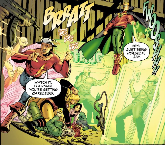 hourman, the flash, and green lantern take down rag doll