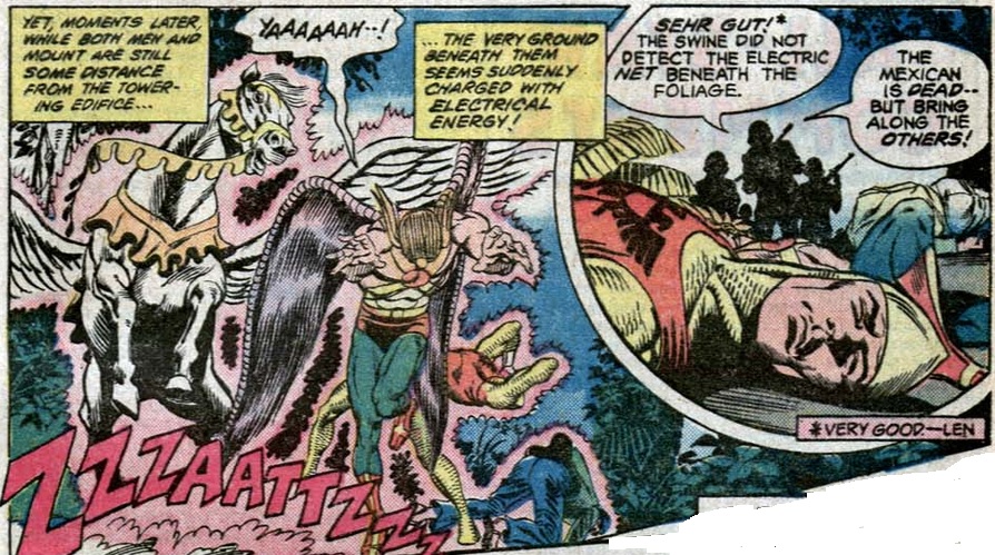 hawkman, shining knight and a mexican guide electrocuted