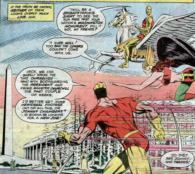 shining knight, johnny quick, and hawkgirl in washington