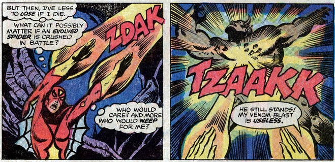 Spider-Woman uses her venom blast against an earth elemental