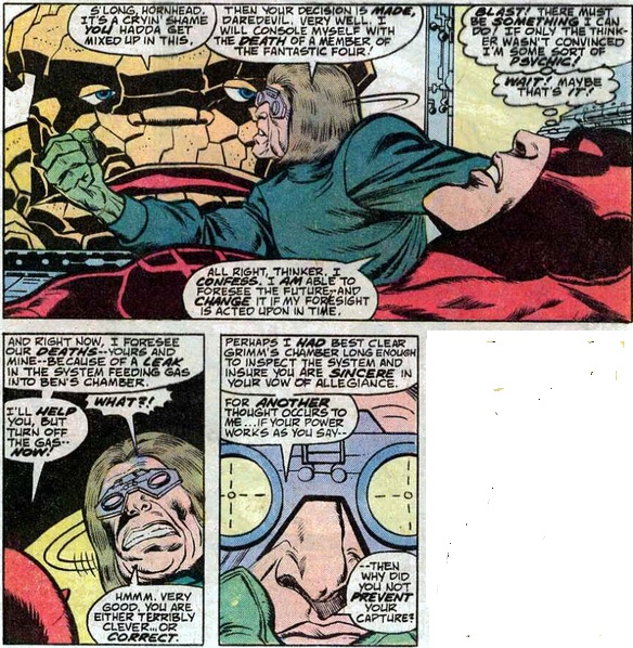Daredevil and the Thing held hostage by the Mad Thinker