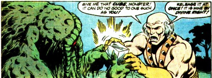 Victorius tries to wrest the Cosmic Cube from the Man-Thing's grip