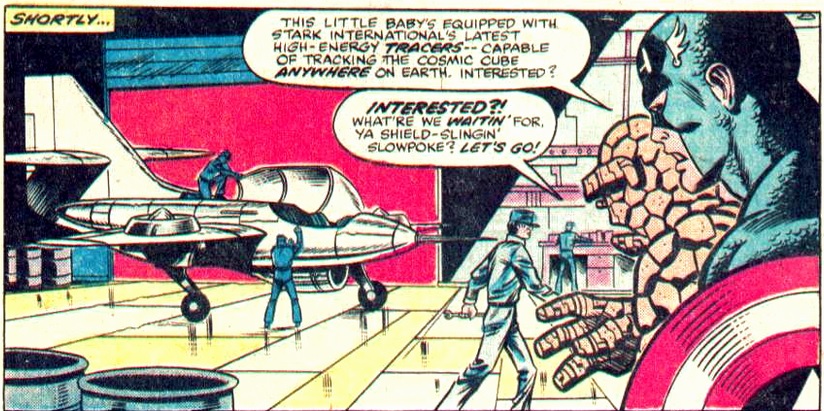 Captain America and the Thing uses a special plane to track the Cosmic Cube